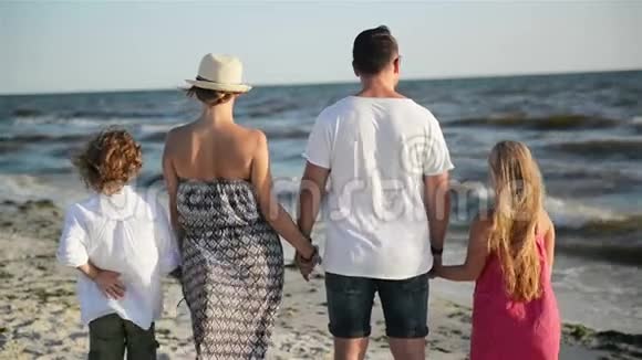 在阳光明媚的风日母亲父亲儿子和女儿在海边牵手的户外肖像视频的预览图