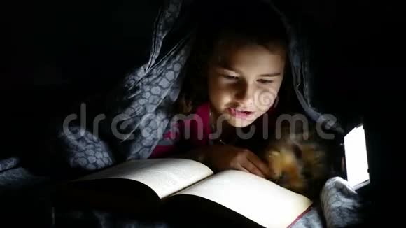 青少年阅读女孩晚上用手电筒在毯子下看书狗视频的预览图