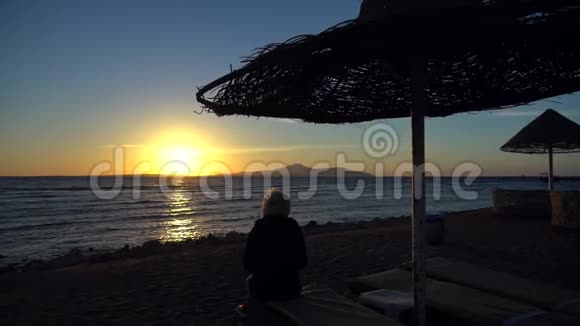 站在沙滩上看日落的女人视频的预览图
