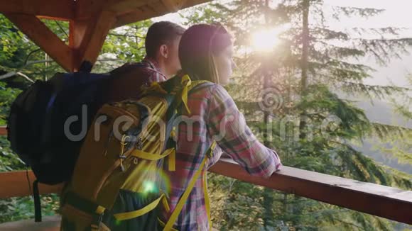 几位游客从观景台欣赏森林的美丽景色日落时分视频的预览图