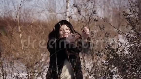 穿着皮毛大衣的女孩冬天从灌木丛中摘下黑色浆果视频的预览图