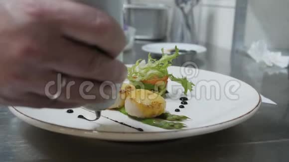美味佳肴配海桶和沙拉的菜肴厨师完成烹饪菜肴用酱汁装饰餐厅视频的预览图
