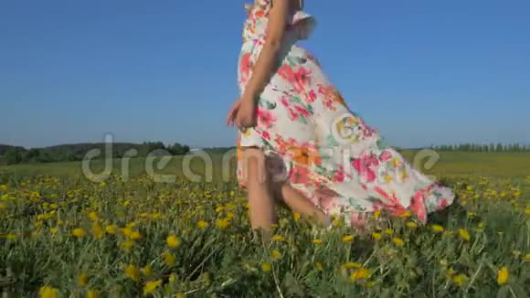 女人走在一片盛开的黄色田野上穿着一件随风飘扬的连衣裙视频的预览图
