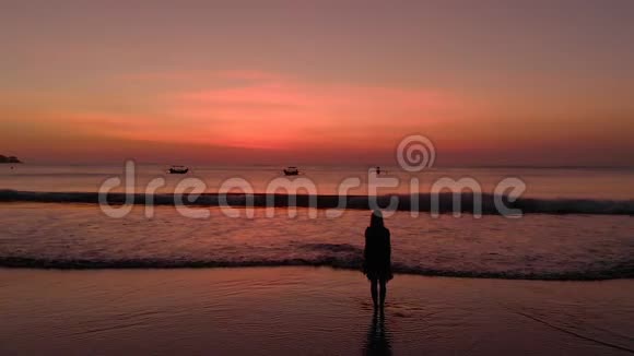 日落时分在海边散步的一位女士的航拍镜头视频的预览图