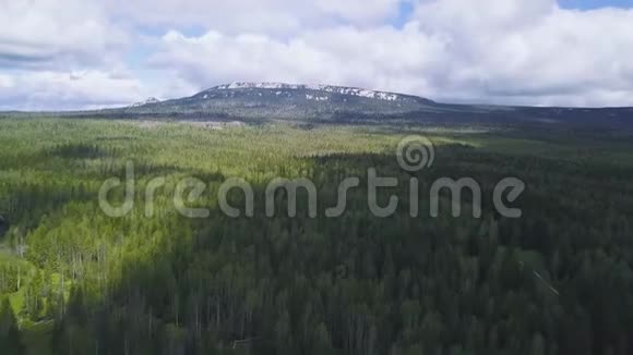 山顶积雪覆盖茂密的绿色森林和高山剪辑山坡上茂密的森林山顶白雪皑皑视频的预览图
