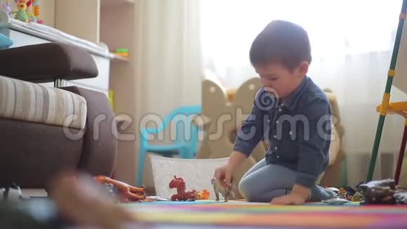 小男孩和不同的动物在地板上玩耍视频的预览图