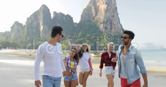 人们成群结队地走在山峦叠嶂的沙滩上谈论愉快的微笑青年男女游客度假视频的预览图