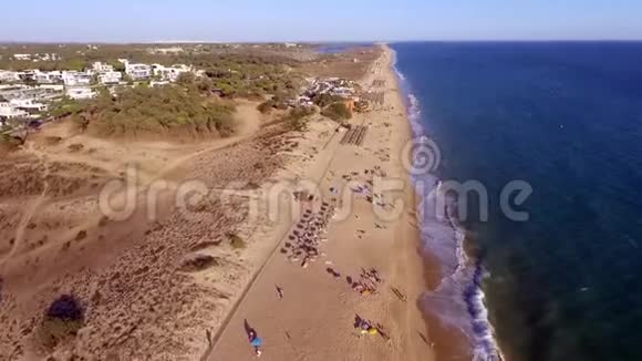 海滩阳光明媚的一天海滩上有海岸水海洋海洋蓝色的空中视频有雨伞和松林酒店度假者在海滩上视频的预览图