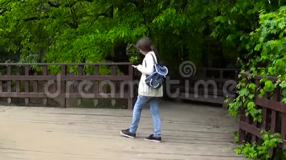 少女在木桥上用手机年轻人在智能手机上发短信运动摄像机视频的预览图