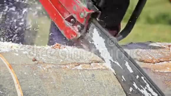 用电锯切割木材的人视频的预览图