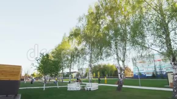堤岸上有一个漂亮的公园有一个圆形的长凳视频的预览图
