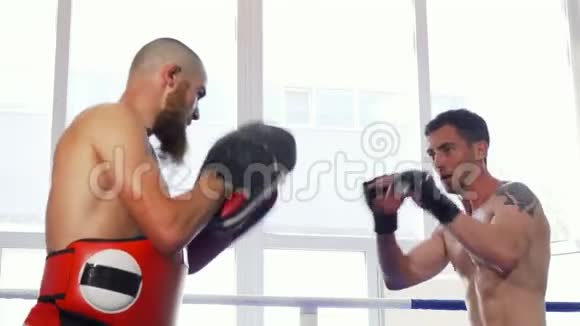 两名男子MMA拳击手在健身房赤膊训练视频的预览图