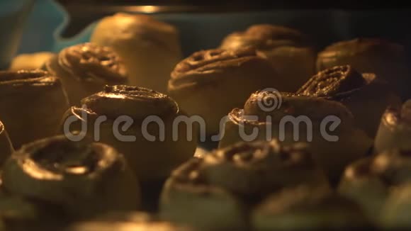 慢镜头将肉桂卷放入热烤箱中视频的预览图