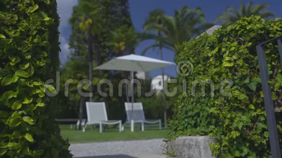 两个白色的日光浴床和遮阳伞站在私人住宅的花园里放松视频的预览图
