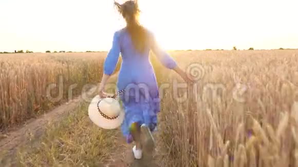 日落时分穿着蓝色连衣裙和帽子的漂亮女人穿过麦田自由概念日落时的麦田视频的预览图