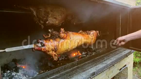 一头猪被烤在煤上旋转着视频的预览图