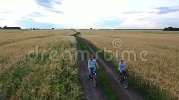 女孩和一个男人骑自行车沿着麦田和家人一起骑自行车旅行从高处看美丽的风景视频的预览图