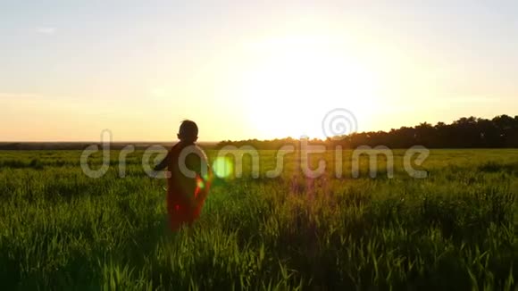 一个穿着红色斗篷的超级英雄服装的孩子在落日的背景下穿过绿色的草坪视频的预览图