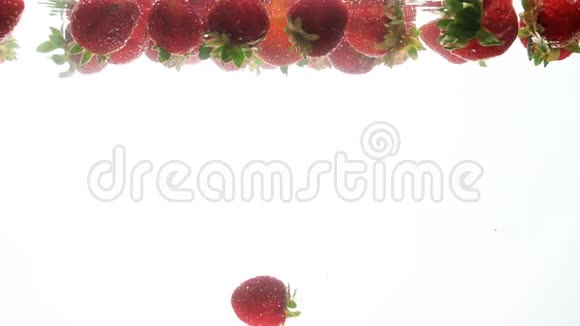 红色成熟树莓在白色背景下缓慢漂浮在水中的特写镜头视频的预览图
