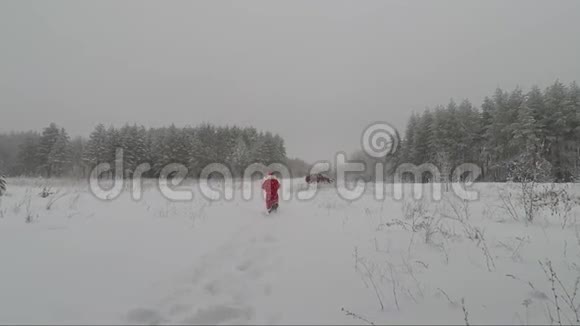 圣诞老人从森林里跑出来跑到车上视频的预览图