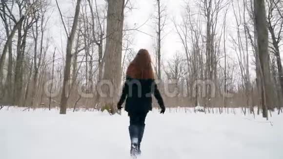 一幅漂亮漂亮女孩的肖像冬天的乐趣在露天漫步一个快乐的女孩正沿着冬天的公园散步视频的预览图