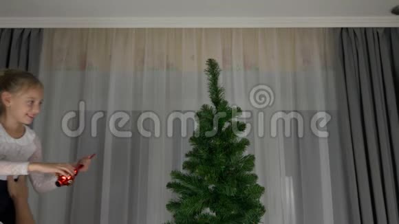 成年白种人男人和年轻女孩装饰圣诞树把红色的顶部放在杉树上装修视频的预览图