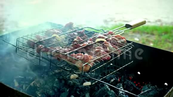 烤架上有美味的烤肉烧烤肉是烧烤炉排户外烤肉视频的预览图