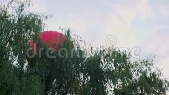 红色热气球飞过树木休闲活动和运动极限视频的预览图