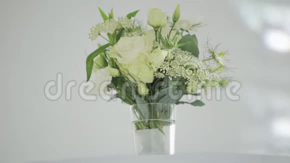 漂亮的白色花玻璃花瓶里的大绿叶放在白色的桌子上视频的预览图