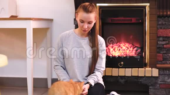 有只可爱的猫在壁炉旁休息的女人很多猫单身女人少女猫女视频的预览图