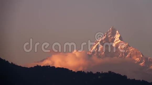 在尼泊尔喜马拉雅山的日出处马查普查雷山的雪山也叫鱼尾山视频的预览图