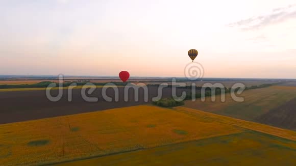 热气球漂浮在乡村的田野上迎着夕阳的天空视频的预览图