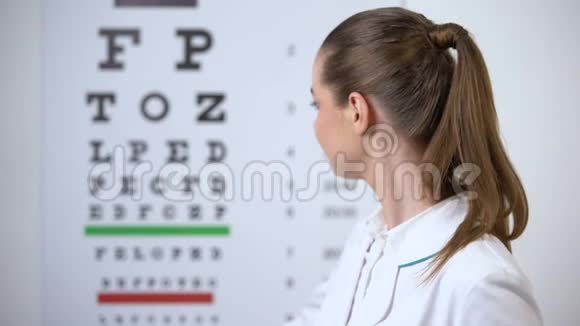 女性验光师指眼图眼科诊所视力测试视频的预览图