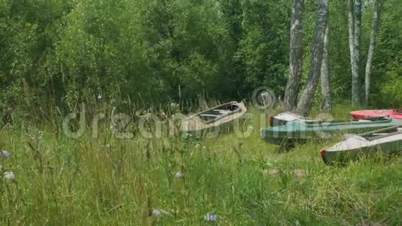 沃里亚河畔的独木舟在多汁的绿草中准备漂流视频的预览图