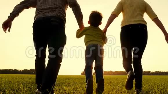 快乐的小家庭一个孩子在夏日的田野上奔跑健康的母亲父亲和享受大自然的小儿子视频的预览图