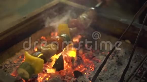 美味的肉类和蔬菜在室外烧烤准备烧烤肉类和蔬菜视频的预览图