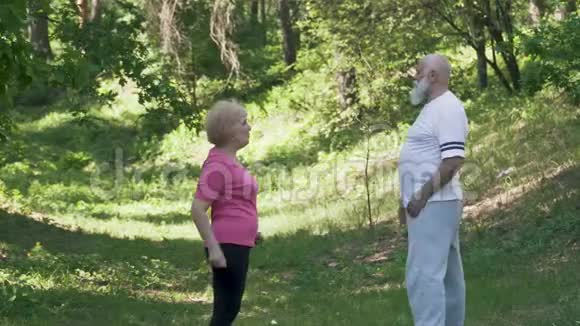 一位老年男子和一位老年妇女在夏季公园做体育锻炼视频的预览图