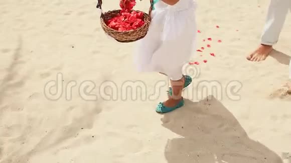 一个小女孩向新婚夫妇的脚边扔了花瓣红玫瑰在热带海岸举行婚礼菲律宾视频的预览图