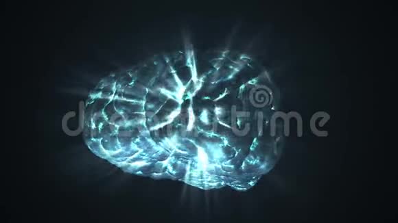 发光的人脑在黑色背景上旋转光在大脑中闪耀3D渲染循环动画视频的预览图
