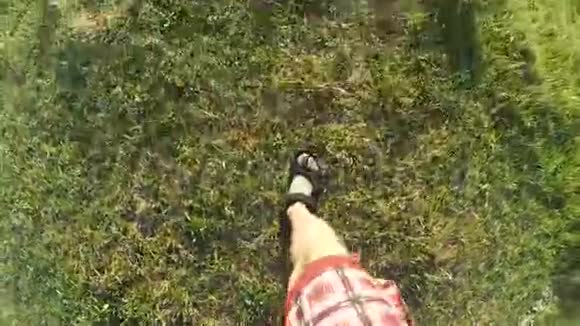 脚穿凉鞋走在泥土和绿草上视频的预览图