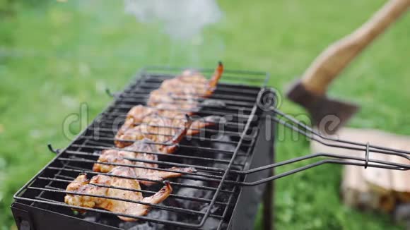 在炎热的烤鸡翅上在炎热的烧烤在绿色的夏日后院烧烤视频的预览图