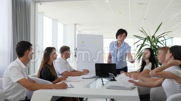 一群人在办公桌前穿上办公服并在商务中心白板附近指导视频的预览图