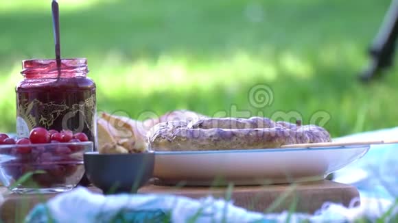 拍摄特写煎香肠在盘子里一个女人用一支迷迭香装饰肉视频的预览图