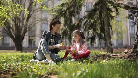 母亲和女儿在公园里收集蒲公英编织花圈视频的预览图