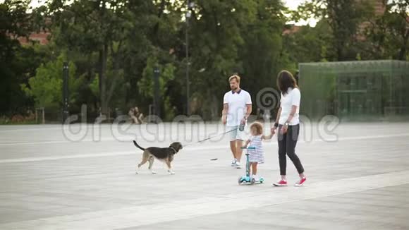 城市广场上幸福家庭的城市写真帅哥带着小狗年轻女子抱着女儿视频的预览图