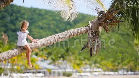 热带海滩上的小女孩坐在棕榈树上玩得很开心安提瓜岛加勒比海度假的孩子视频的预览图
