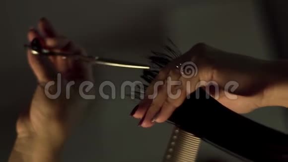 剪刀剪了女孩们的头发框架理发师用剪刀修剪棕色头发职业造型师切割女性视频的预览图