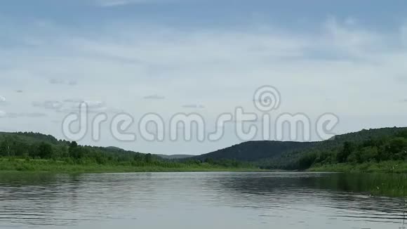 夏天在平静的河流上阳光明媚的一天岸上绿草如茵视频的预览图