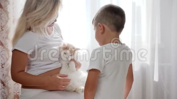 快乐的孩子与期待的女性拥抱猫的背景白色窗帘视频的预览图