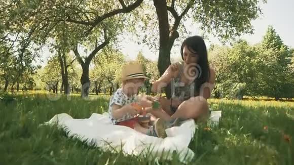 快乐的微笑妈妈和小儿子野餐幸福家庭概念视频的预览图